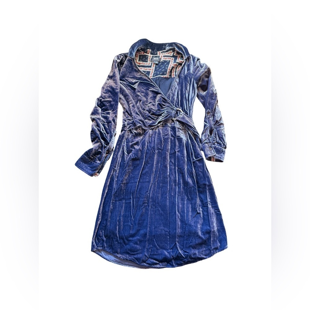 Anthropologie Maeve Women's Deep Blue Velvet Wrap Dress Size 6 V-Neck Belted - Picture 6 of 11